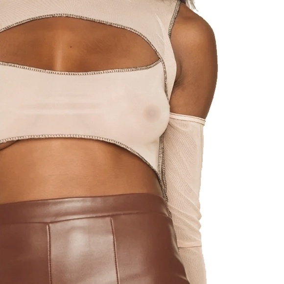 PLT Crop Top Nude Mesh Contrast Stitch Cut Out Cold Shoulder Made in UK - Picture 4 of 11